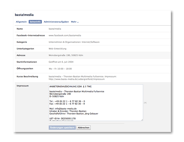 Impressum Lösung für Facebook